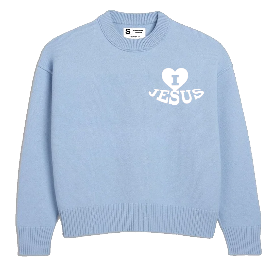 'I Love Jesus' Knit Sweater - Sky Blue