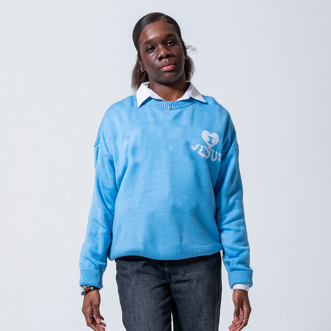 'I Love Jesus' Knit Sweater - Sky Blue