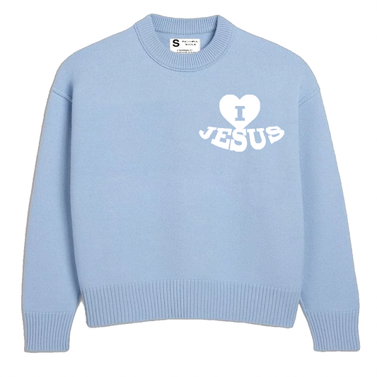 'I Love Jesus' Knit Sweater - Sky Blue