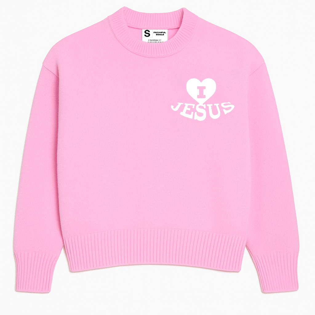 „I Love Jesus“-Strickpullover – Eisrosa