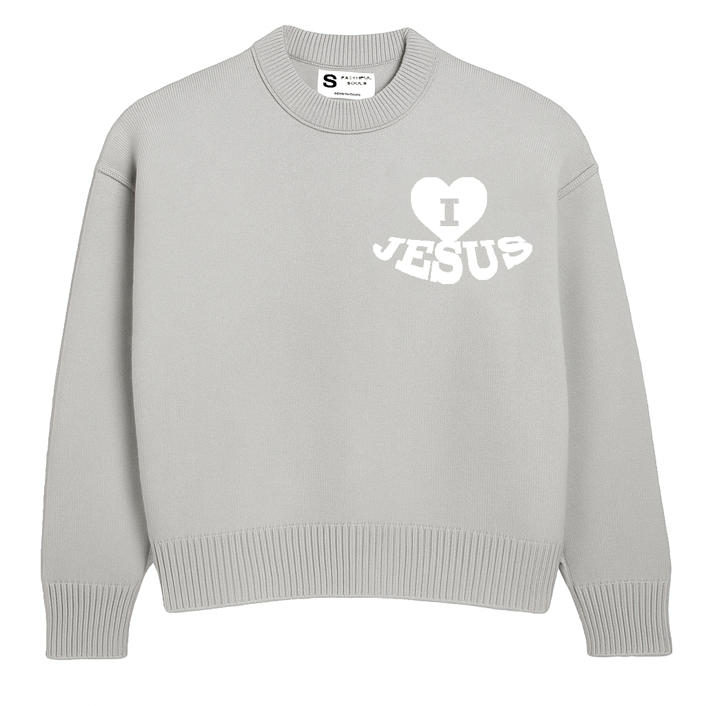 'I Love Jesus' Knit Sweater - Silver Grey