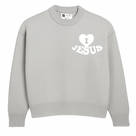 'I Love Jesus' Knit Sweater - Silver Grey